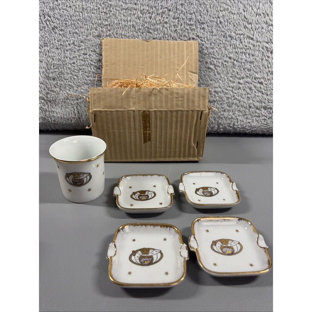 VINTAGE Masonic 5 Piece Hostess Ash Tray Set Porcelin Gold Japan LOSNA